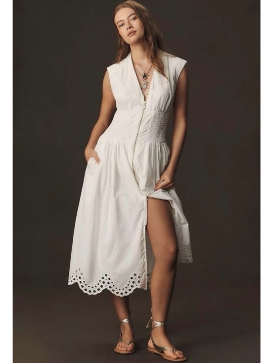 Anthropologie Dresses & Skirts - Anthropologie Maeve The Tommie Smocked Shirt Dress Eyelet Trim Zip Front Large